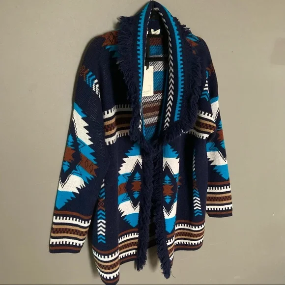 LAST ONE Cocogio Cardigan Sweater Italian Aztec Southwestern fringe Medium wool - Picture 2 of 7